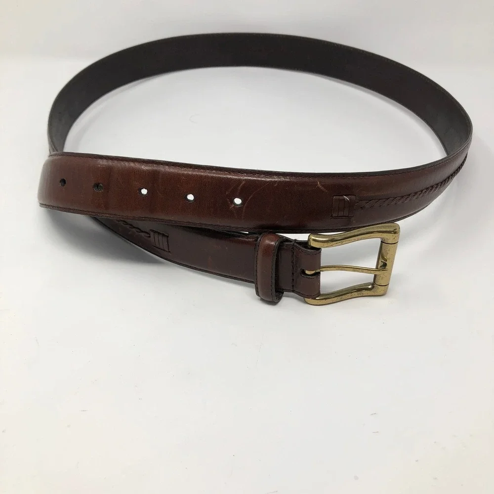 Woolrich Mens Brown Leather Belt 42 Italian Leather Woven Center Strip